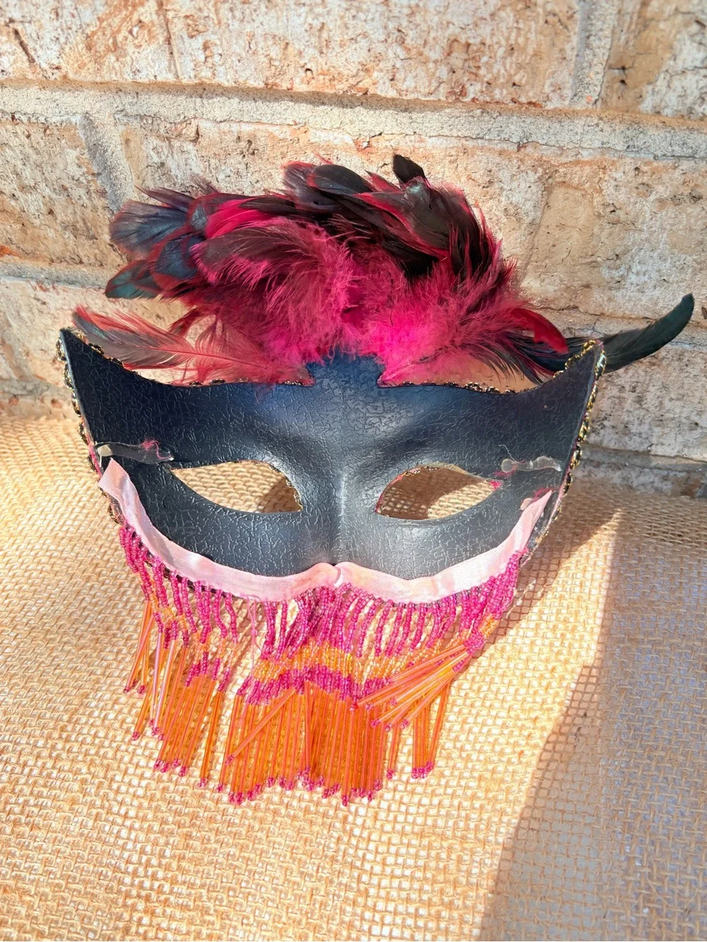 Pink Feathered Venetian Masquerade Mask with Beaded Fringe